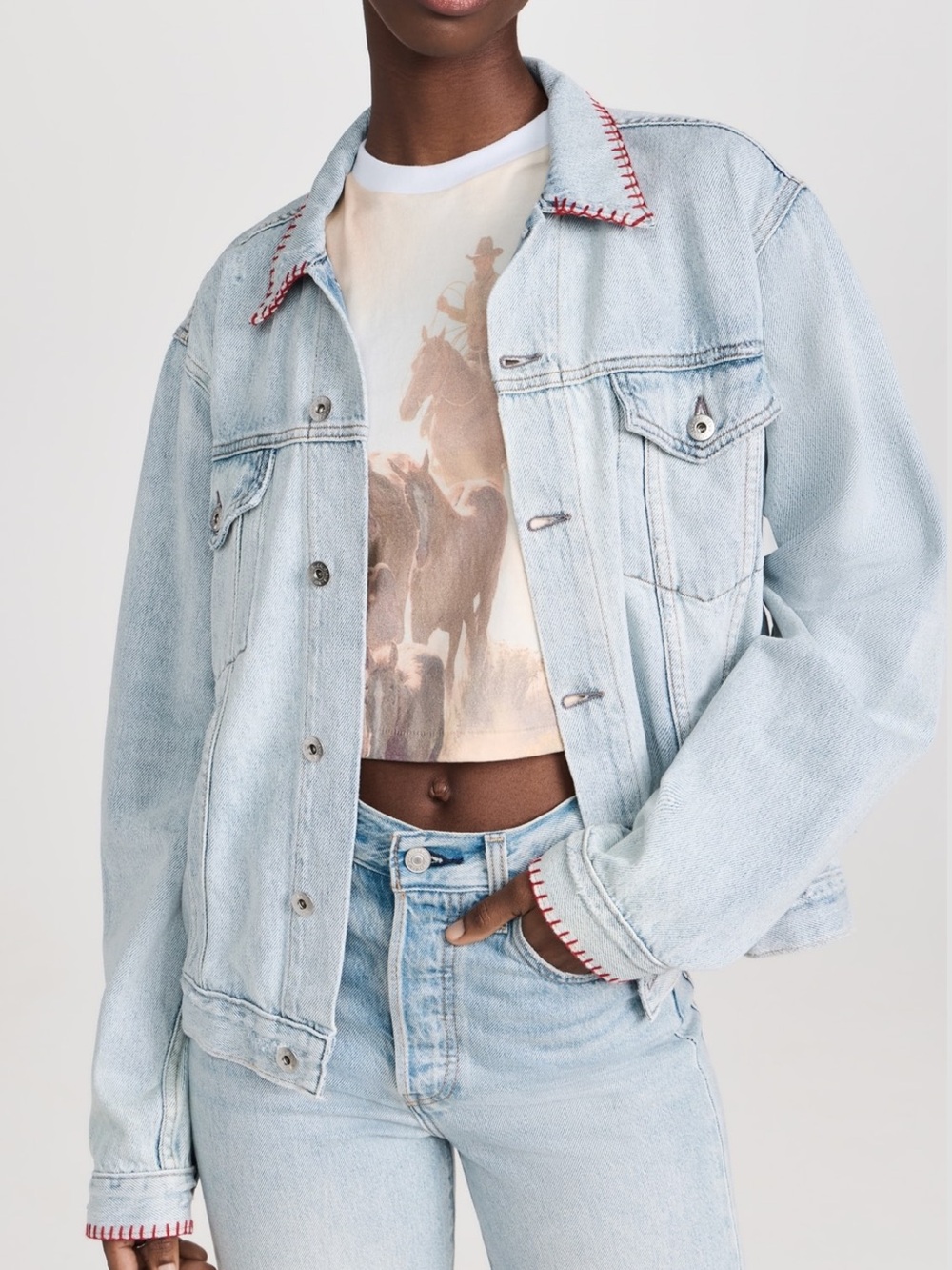 NSF Ashton Oversize Trucker Denim Jacket Light Wash Red Whipstitch Trim Distress